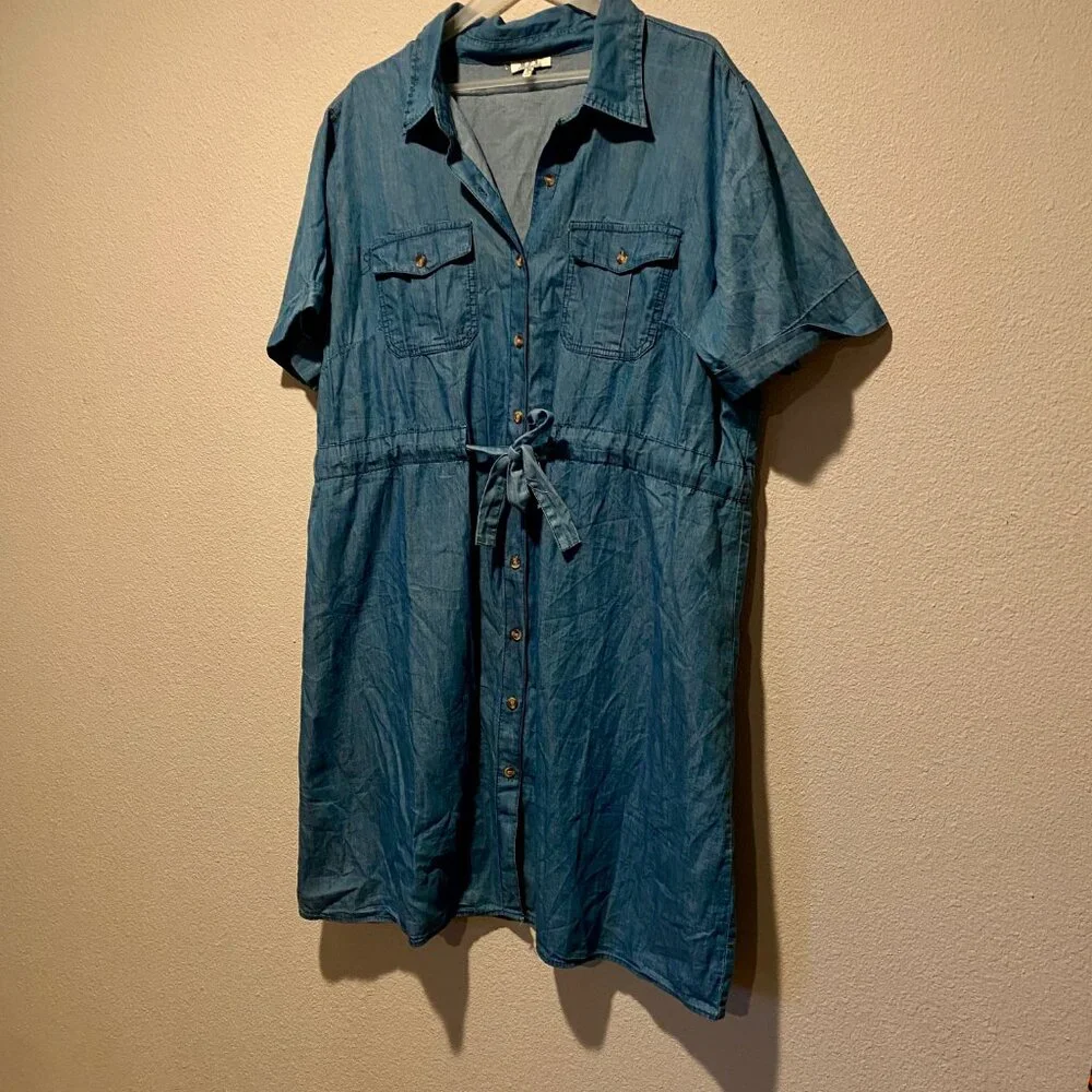 MPH Chambray Denim Dress‎ 3X Short Sleeve Button Front Tie Waist